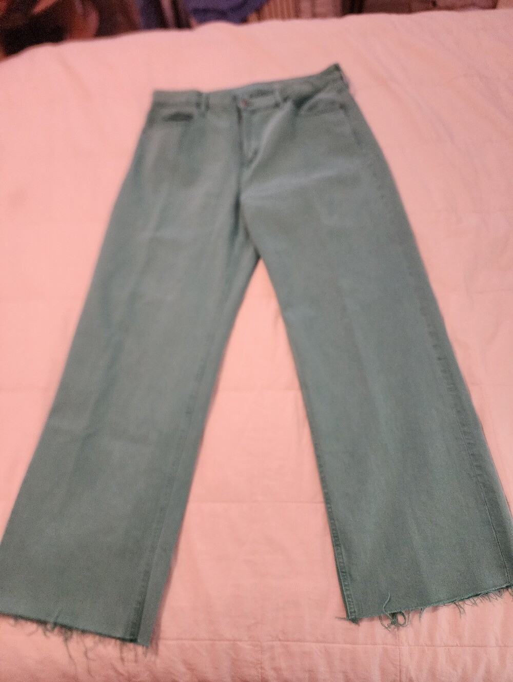 Old Navy Aqua Light Teal Hi-Rise Wide-Leg Jeans Frayed Hem Sz 16 Boho Retro